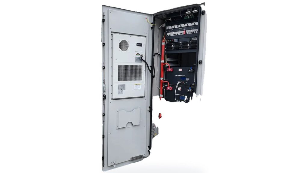 Open 48V telecom battery cabinet with LiFePO4 modules, DC breakers and cooling unit