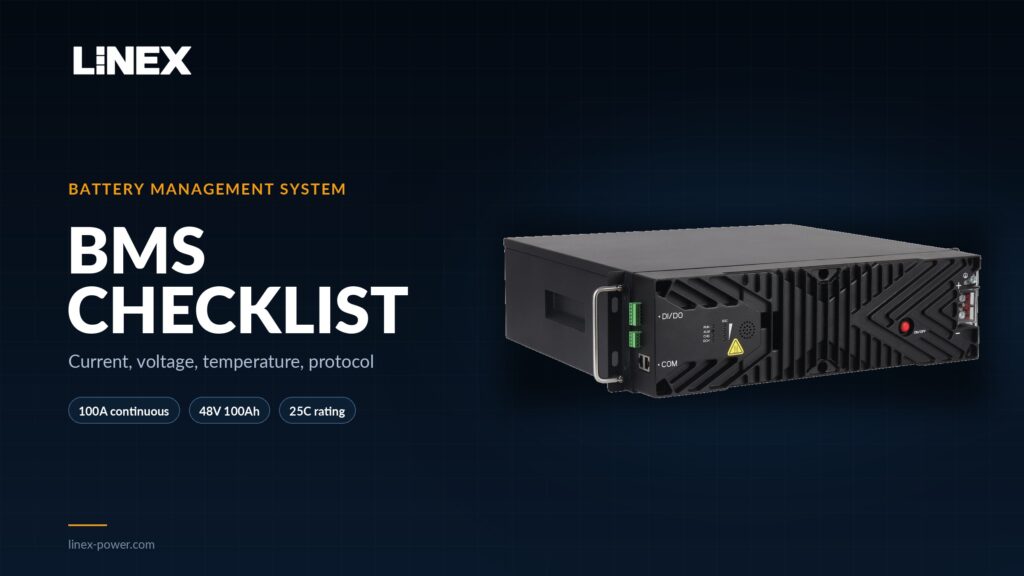 BMS checklist cover with LINEX 48V 100Ah rack battery
