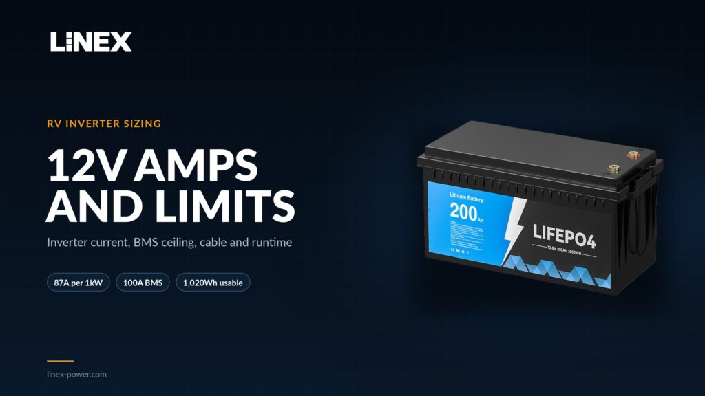 12V 200Ah LiFePO4 battery for RV inverter sizing with current and BMS limits