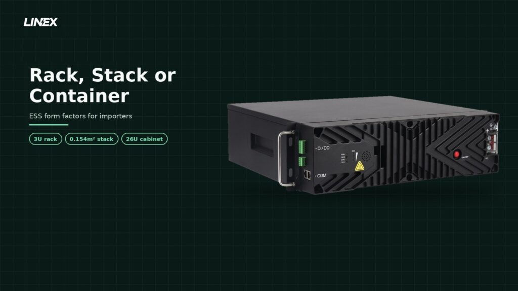 Rack, stack and container ESS options for importers